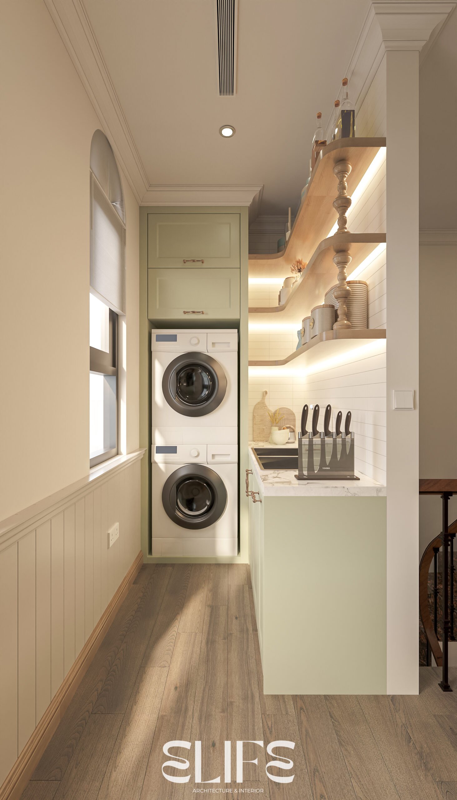 Phối cảnh chi tiết hệ tủ tại Nhung House của DIAVILLA